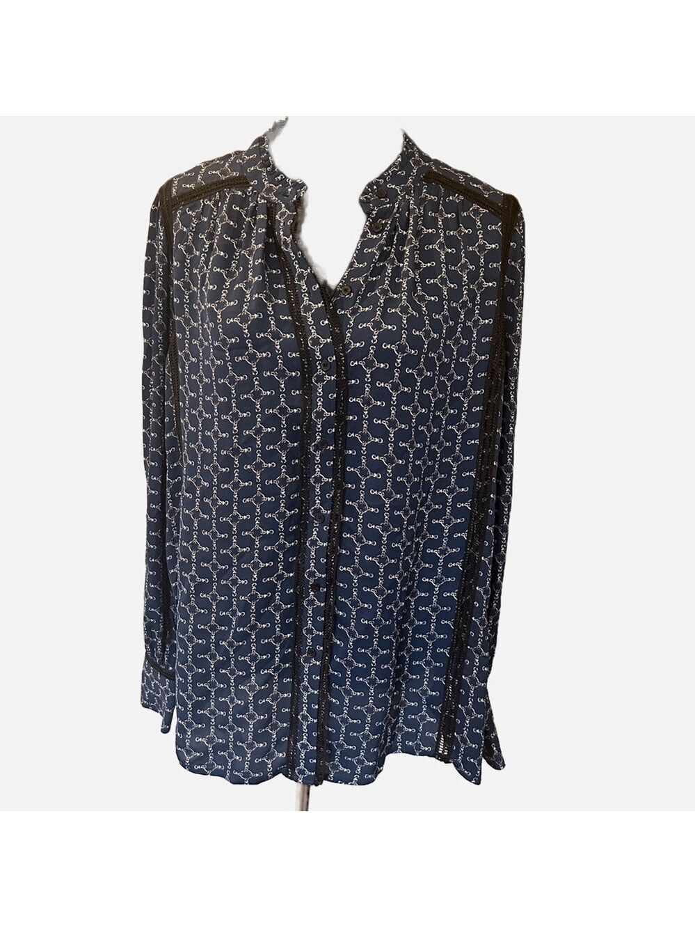 Reiss Womens Kalisa  Embroidered Peasant Boho Blouse Sz 8 Satin Blue Black Trim